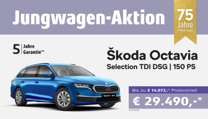 Aktionsblatt vom Škoda Octavia Combi Selection TDI DSG mit 150 PS. In der Jungwagen-Aktion bereits ab € 29.490,-* mit bis zu € 14.073,-* Preisvorteil