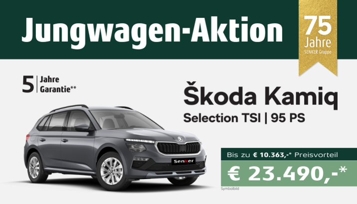 Aktionsblatt vom Škoda Kamiq Selection 95 PS. In der Jungwagen-Aktion bereits ab € 23.490,-* mit bis zu € 10.363,-* Preisvorteil