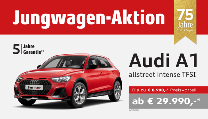 Aktionsblatt vom Audi A1 allstreet TFSI. In der Jungwagen-Aktion bereits ab € 29.990,-* mit bis zu € 8.900,-* Preisvorteil