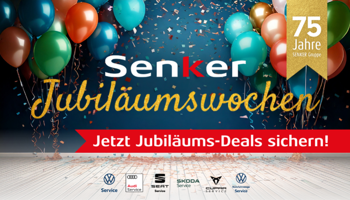 Die Senker Jubiläumswochen -- Jetzt die limitierten Jubiläums-Deals der Marken Audi, VW, SEAT, Škoda, CUPRA und VW Nutzfahrzeuge sichern! - Banner zur Kampagne mit Luftballons, Konfetti mit blauer Rückwand und weißem Dielenboden - KI generiert
