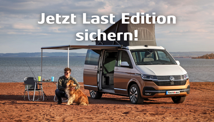 Sichern Sie sich jetzt die VW California T6.1 - Last Edition. Am Bild: VW California T6.1 am Meerufer mit Herrn und einem Hund im Arm. 