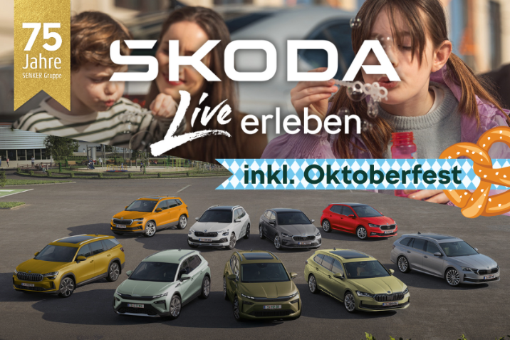 Besuchen Sie uns beim Škoda live erleben und Oktoberfest in Melk. Am Bild: Škoda-Modellpalette mit Logo vom Škoda live erleben