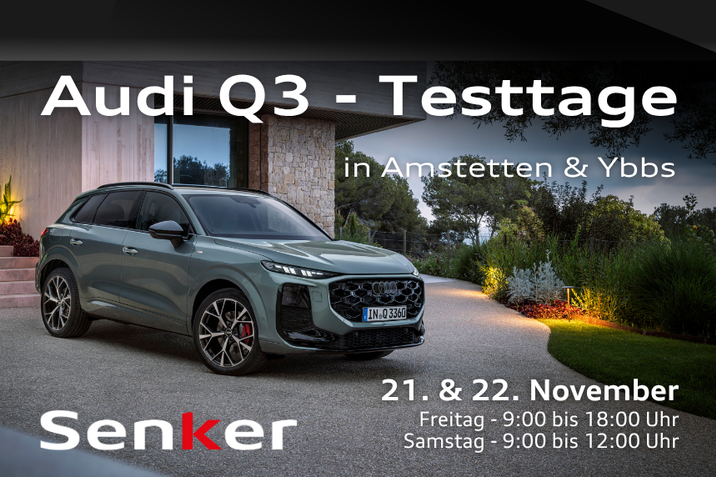 Entdecken Sie den neuen Audi Q3 bei den Testtagen. - Audi Q3 vor einem Haus mit den Dati der Veranstaltung